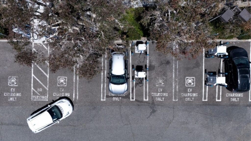 An electric vehicle charging location is shown from the view of a drone in Carlsbad, California, U.S., May 14, 2025. (Reuters File)