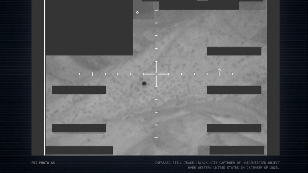 An image released by the Pentagon on Friday, May 8, 2026, said to be unidentified objects that were seen in December 2025 over the western United States. The Pentagon released what it called “new, never-before-seen” files on UFOs on May 8, hailing the step as an commitment of the department, which kicked out reporters earlier this year, to transparency; files will be released on a rolling basis. (The Pentagon via The New York Times)