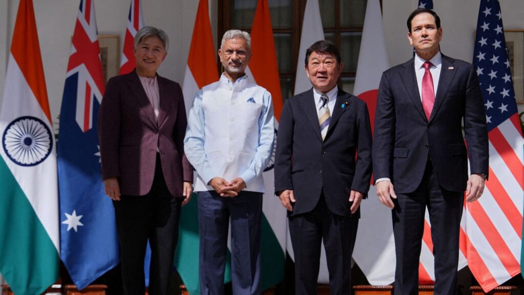 From left, Australian Foreign Minister Penny Wong, India’s Minister of External Affairs S. Jaishankar, Japanese Foreign Minister Toshimitsu Motegi and U.S. Secretary of State Marco Rubio pose following a Quad ministerial meeting at Hyderabad House in New Delhi, India, Tuesday, May 26, 2026. (Julia Demaree Nikhinson/Pool via REUTERS)