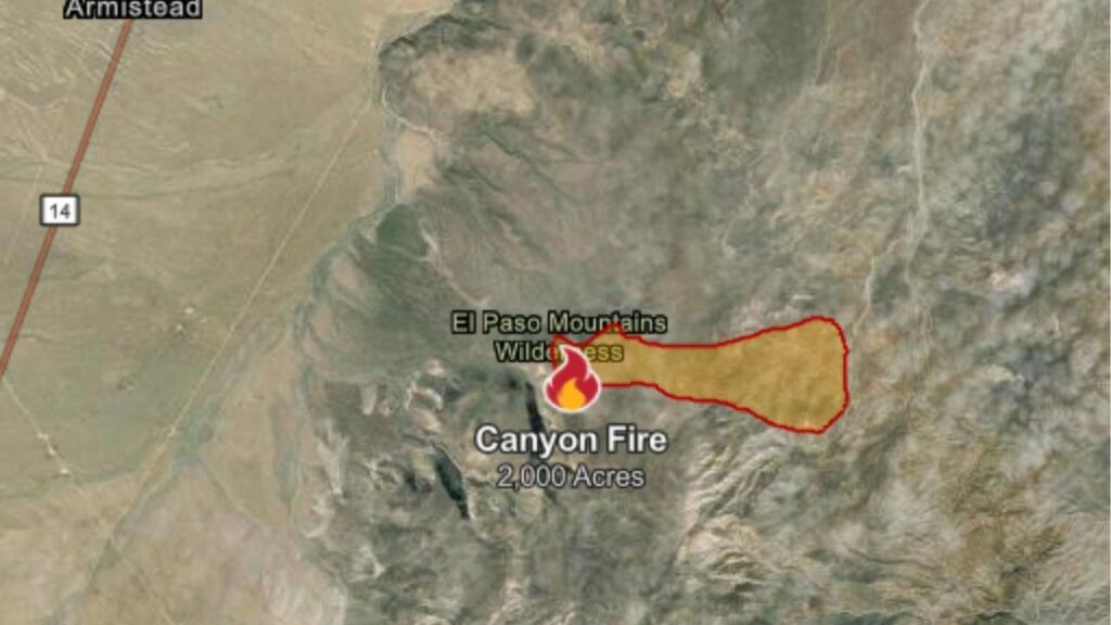 CalFire says the Canyon Fire burning near Highway 14 and Highway 178 near Ridgecrest in Kern County has scorched 2,000 acres and was 20% contained Friday, May 8, 2026, morning. (CalFire)