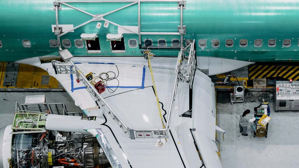 A Boeing 737-MAX under assembly at Boeing’s plant in Renton, Wash., Nov. 20, 2025. China has almost completely halted exports of samarium, a rare earth needed by commercial aircraft manufacturers like Boeing and Airbus. (Grant Hindsley/The New York Times)