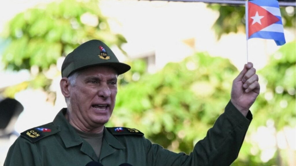 Cuban President Miguel Diaz-Canel speaks during a ceremony to mark the 65th anniversary of the declaration of the socialist character of the Cuban Revolution in Havana, Cuba April 16, 2026. (Reuters/Norlys Perez)