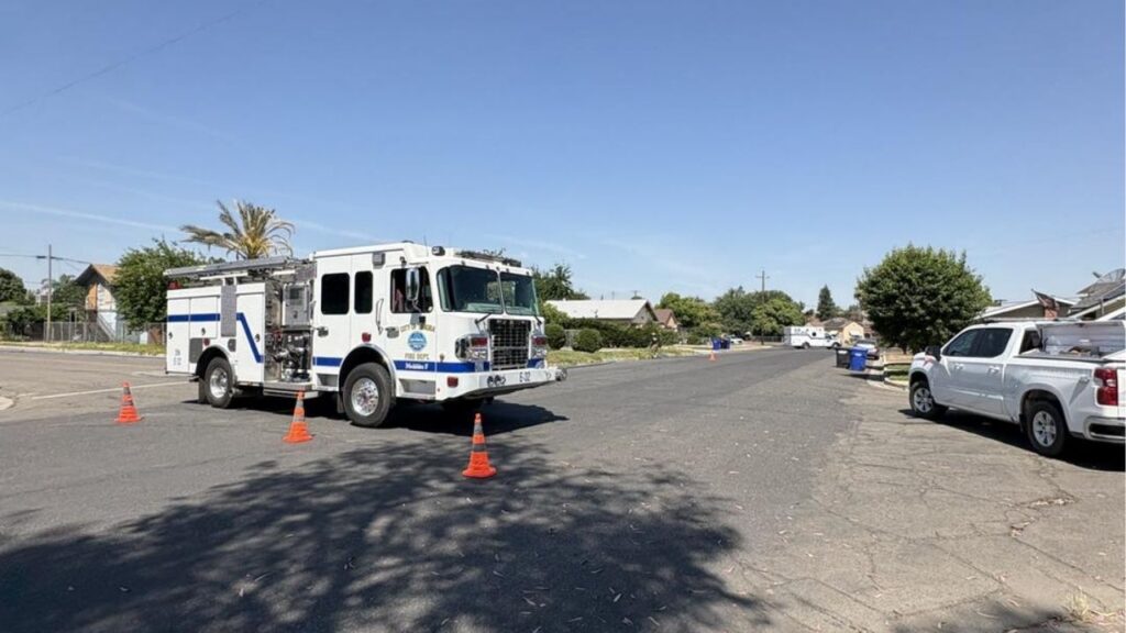 Dinuba Fire Department crews responded Tuesday to a residential gas leak near North J Street and Mariposa, closing part of North J Street while crews worked to contain the leak. (Dinuba FD)