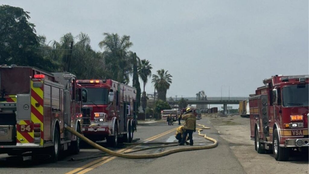 Fire crews from Tulare County, Visalia and Kings County on Wednesday contained a 2-acre grass fire near Effie Drive in Goshen that destroyed an outbuilding and a travel trailer, with no injuries reported. (Tulare County FD)