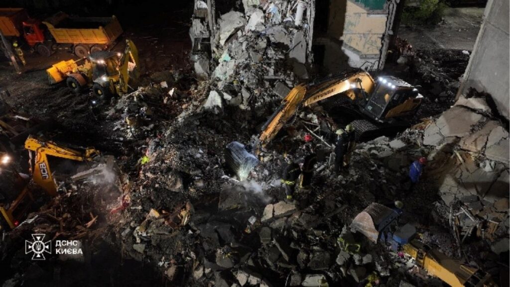 Firefighters work at a site of the apartment building damaged during yesterday's Russian missile and drone strike, amid Russia's attack on Ukraine, in Kyiv, Ukraine in this handout picture released May 15, 2026. Press service of the State Emergency Service of Ukraine in Kyiv/Handout via REUTERS