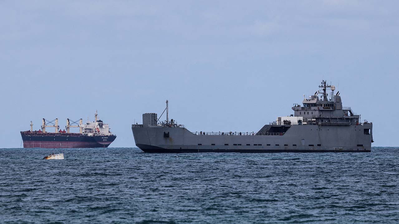 An Israeli naval vessel arrives at Ashdod port, on the day an Israeli rights group and the Global Sumud Flotilla's organisers said activists aboard the Gaza-bound flotilla were intercepted by Israeli naval forces and are being detained at an Israeli port, as seen from Ashdod in southern Israel May 20, 2026. (Reuters/Amir Cohen)
