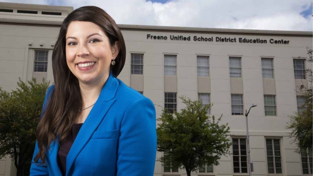 Fresno Unified Trustee Elizabeth Jonasson Rosas abstained on the district’s SEDA resolution, saying the board should stay focused on improving student outcomes rather than weighing in on land-use decisions. (GV Wire Composite)