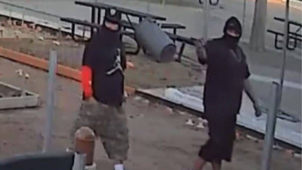 Fresno police said two suspects stole a hydraulic trailer and temporary chain-link fencing from a construction site near Chestnut and Lane avenues before fleeing in an older-model pickup truck early April 3. (Fresno PD)