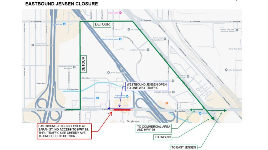 Fresno will close eastbound Jensen Avenue between Sarah Street and East Avenue beginning June 1 for emergency sewer repairs expected to last about two months, while maintaining westbound traffic and business access. (City of Fresno)