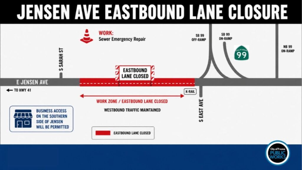 Fresno will close eastbound Jensen Avenue between Sarah Street and East Avenue beginning June 1 for emergency sewer repairs expected to last about two months, while maintaining westbound traffic and business access. (City of Fresno)