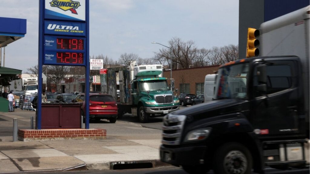Gasoline prices are displayed at a Sunoco station in the Brooklyn borough of New York City, U.S., March 31, 2026. (Reuters/Shannon Stapleton)