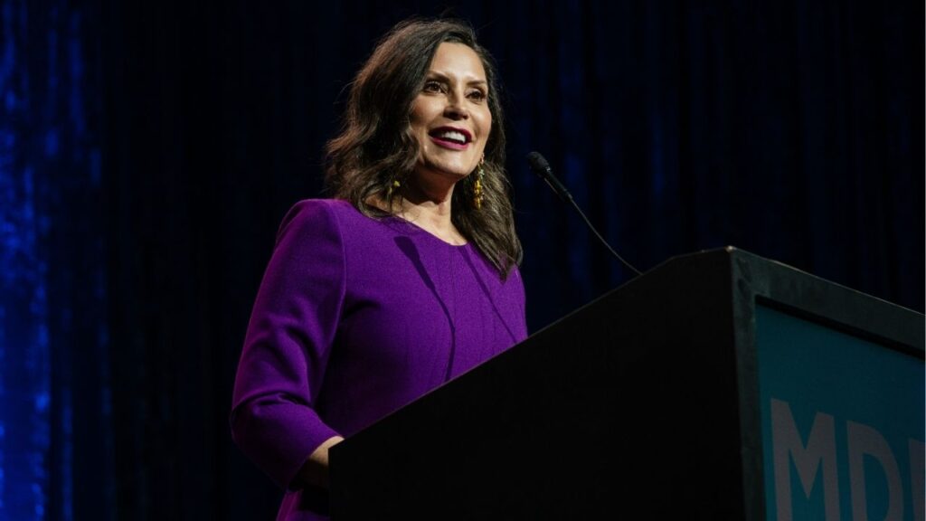 Gov. Gretchen Whitmer speaks at a dinner in her honor, held during the Michigan Democratic Party Convention in Detroit, on April 18, 2026. Whitmer, one of the country’s highest-profile Democrats, told a local journalist on May 28, 2026 that she would not seek the presidency in 2028. (Nick Hagen/The New York Times)