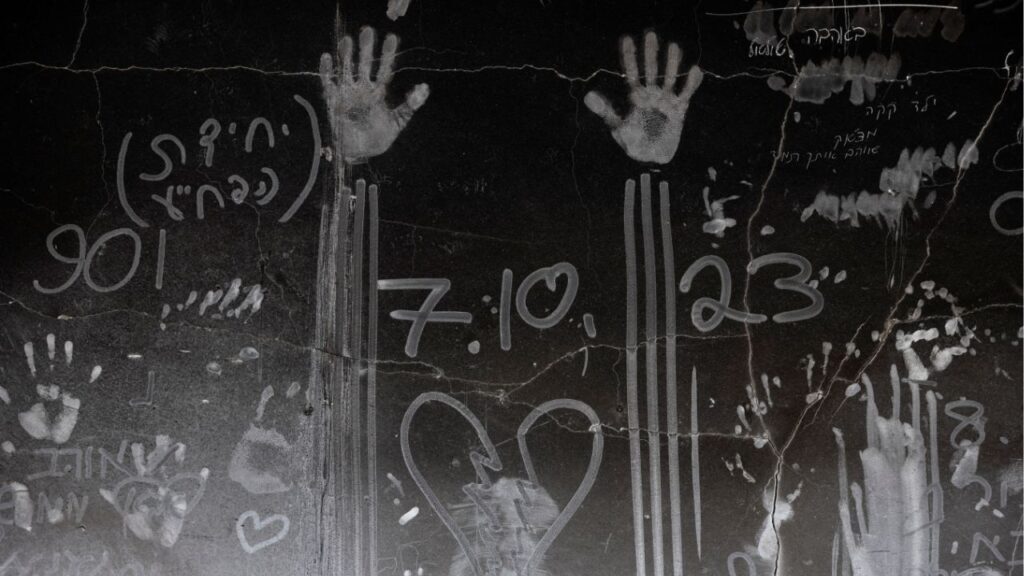 Hand prints and other markings made in the soot on a wall are seen, nearly a year since the deadly October 7 attack by Hamas, in Kibbutz Beeri, southern Israel, September 15, 2024. (Reuters/Amir Cohen)