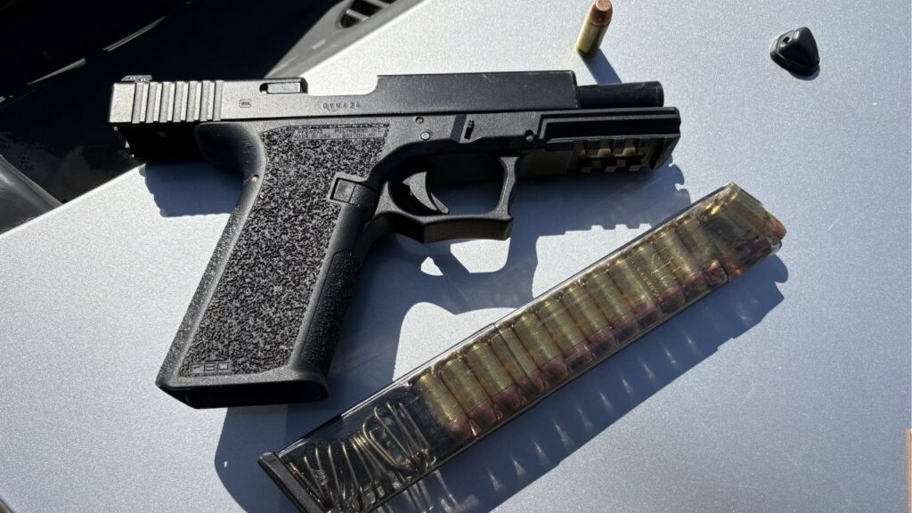 Hanford police arrested a 23-year-old convicted felon Sunday after officers investigating a domestic violence incident found an unserialized, fully loaded handgun near a child during a traffic stop, authorities said. (Hanford PD)