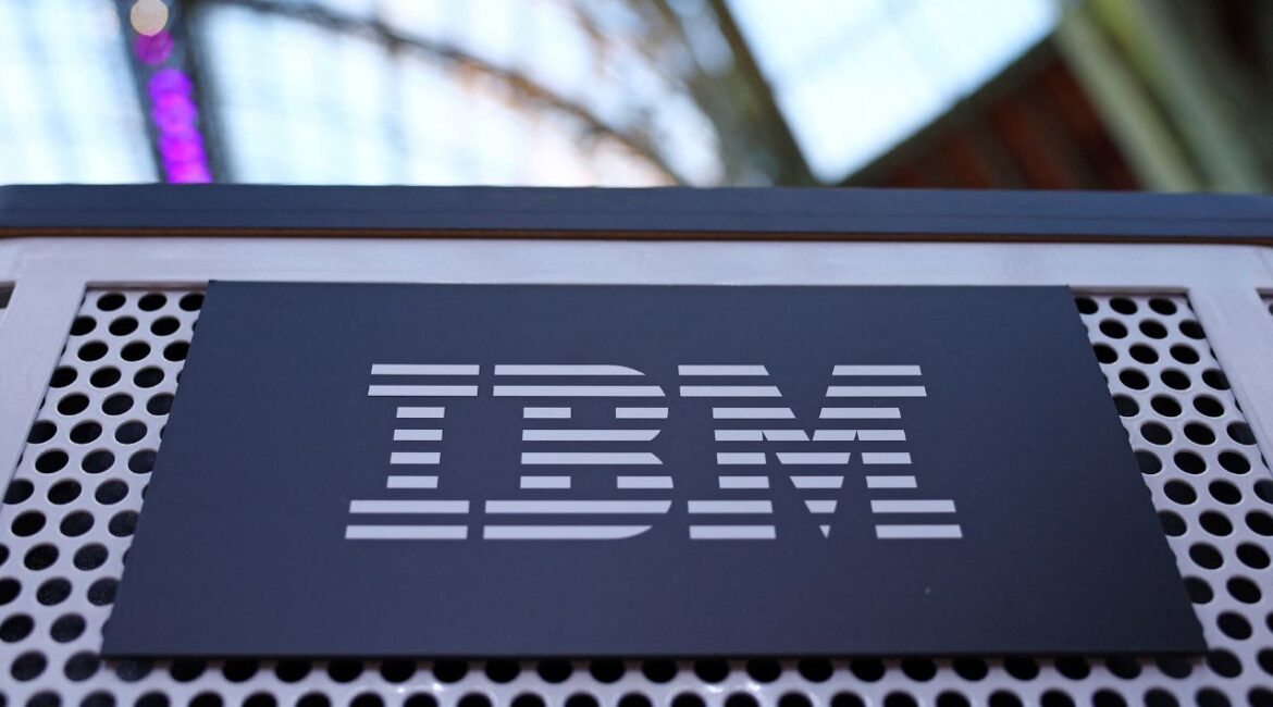 The logo of IBM is seen during the Adopt AI International Summit at the Grand Palais in Paris, France, November 26, 2025. (REUTERS/Abdul Saboor)
