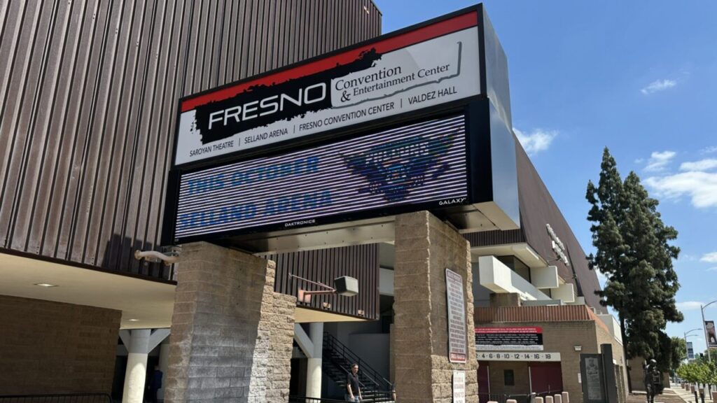 Selland Arena marque announcing the return of the Fresno Falcons ice hockey team