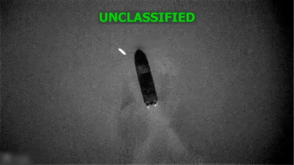 In an image provided by US Southern Command, an image from a video purported to show a lethal kinetic strike on a boat in the Caribbean. The two deaths attributed to this strike, announced on May 4, take the overall toll to at least 187 in the U.S. campaign against boats in the Caribbean and the eastern Pacific. (US Southern Command via The New York Times)