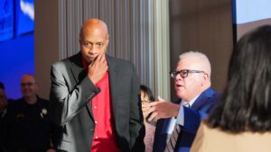 John Graneto, DO, MEd, Dean of the California Health Sciences University College of Osteopathic Medicine, speaks with an attendee during the annual mayor’s breakfast in Clovis. (GV Wire/Eric Martinez)
