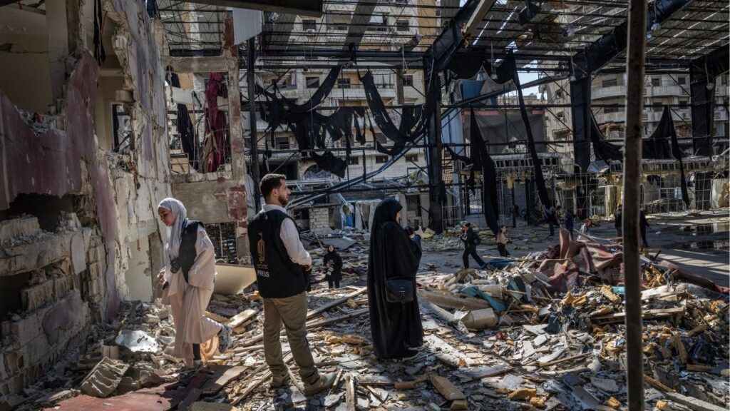 Lebanese journalists tour the remains of the Sayyed al-Shuhadaa Complex in Beirut’s southern suburbs on Wednesday, May 6, 2026. The Israeli military said on Thursday that it had killed a senior Hezbollah commander in a strike in Beirut’s southern suburbs a day earlier, the first attack near the Lebanese capital since a U.S.-mediated cease-fire took effect last month. (David Guttenfelder/The New York Times)