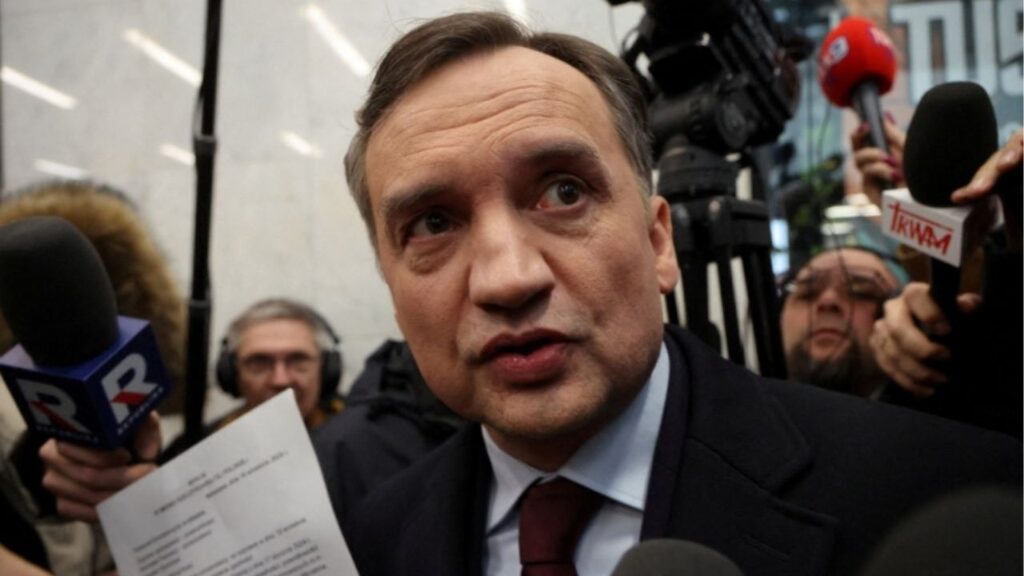 Member of the Law and Justice (PiS) party and former Poland's Justice Minister Zbigniew Ziobro reacts after he was detained by police at the Polish TV Republika station's headquarters to be brought to testify before the Pegasus Investigation Committee, in Warsaw, Poland January 31, 2025. (Reuters File)