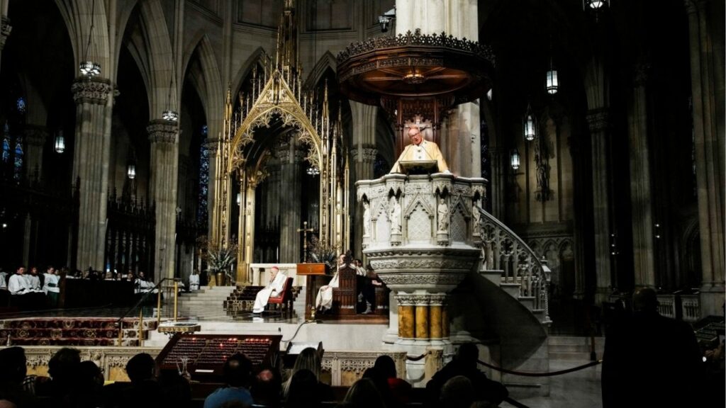 New York Archbishop Timothy Dolan attends the mass before blessing food donations prepared by Catholic Charities for families in need ahead of Thanksgiving week, outside St. Patrick’s Cathedral in New York City, U.S., November 23, 2025. (Reuters File)