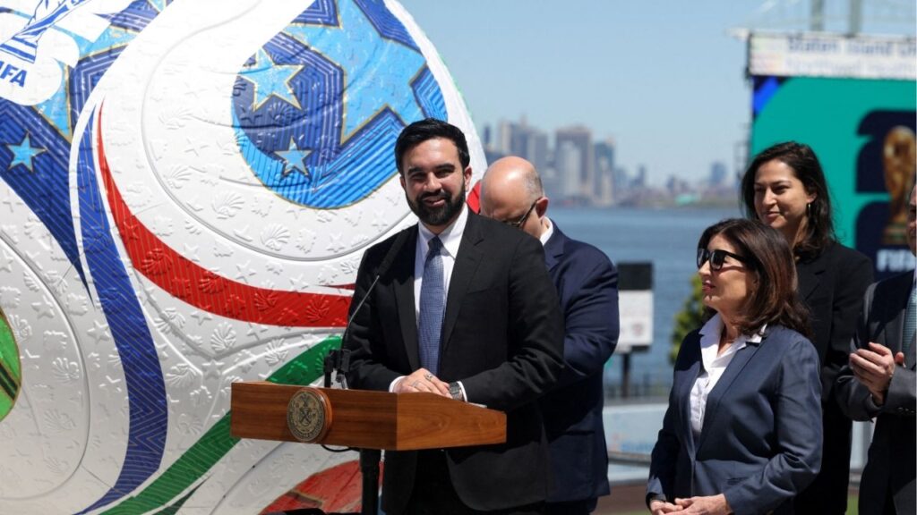 New York City Mayor Zohran Mamdani and New York Governor Kathy Hochul attend a press conference announcing an official fan zone for the FIFA World Cup 2026 in New York City, U.S., April 27, 2026. REUTERS/Shannon Stapleton