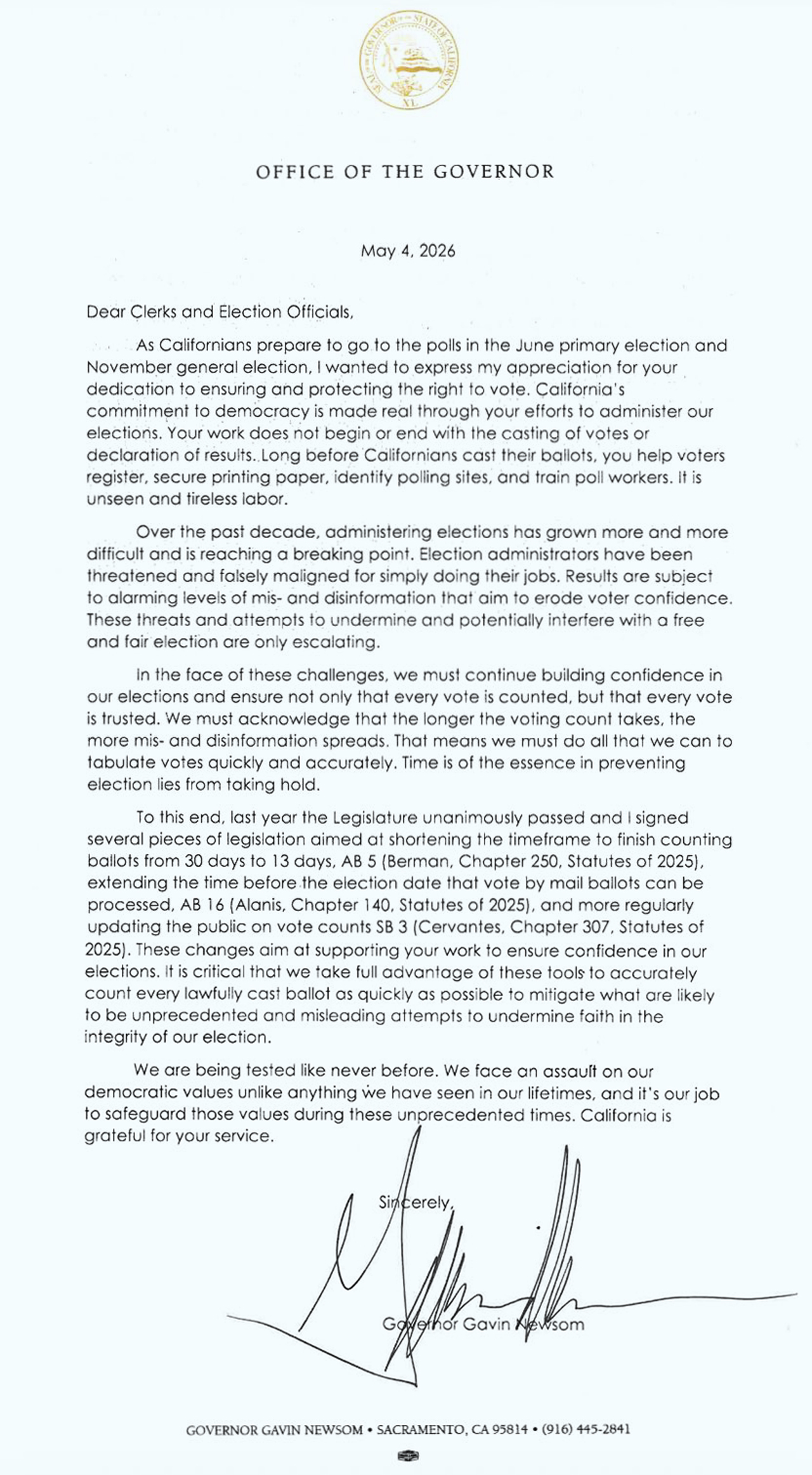 Gov. Gavin Newsom's letter to California's county clerks on counting ballots faster while maintaining accuracy