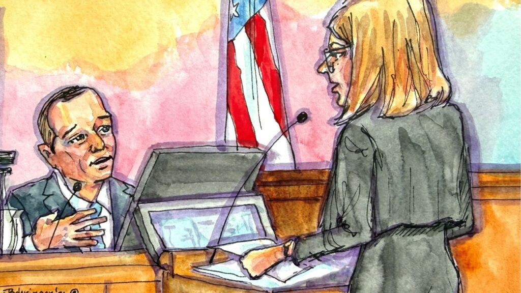 OpenAI President Greg Brockman is questioned by OpenAI attorney Sarah Eddy, during Musk's lawsuit trial over OpenAI's for-profit conversion at a federal courthouse in Oakland, California, U.S., May 5, 2026 in a courtroom sketch. (Reuters/Vicki Behringer.)