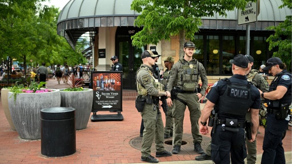 Police gather during the 30th annual Boulder Jewish Festival, a week after an attack that injured multiple people in Boulder, Colorado, U.S. June 8, 2025. (Reuters/Mark Makela)