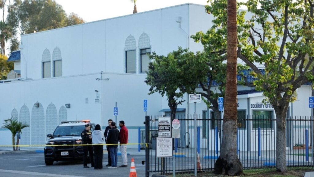 Police outside the Islamic Centre of San Diego the morning following a shooting, in San Diego, California, U.S, May 19, 2026. (Reuters/Mike Blake)