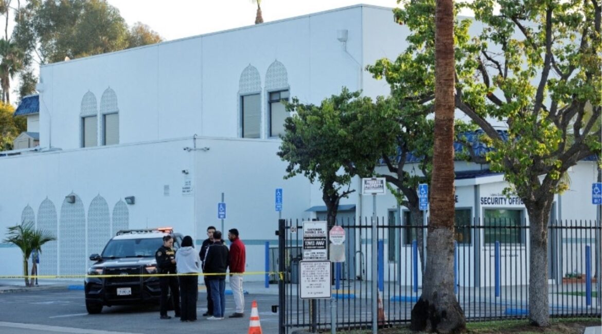 Police outside the Islamic Centre of San Diego the morning following a shooting, in San Diego, California, U.S, May 19, 2026. (Reuters/Mike Blake)