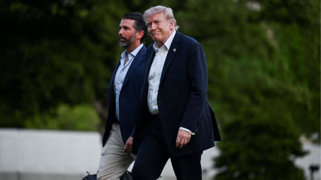 President Donald Trump and his son Donald Trump Jr. arrive at the White House in Washington, D.C., U.S., May 3, 2026. (Reuters/Annabelle Gordon)