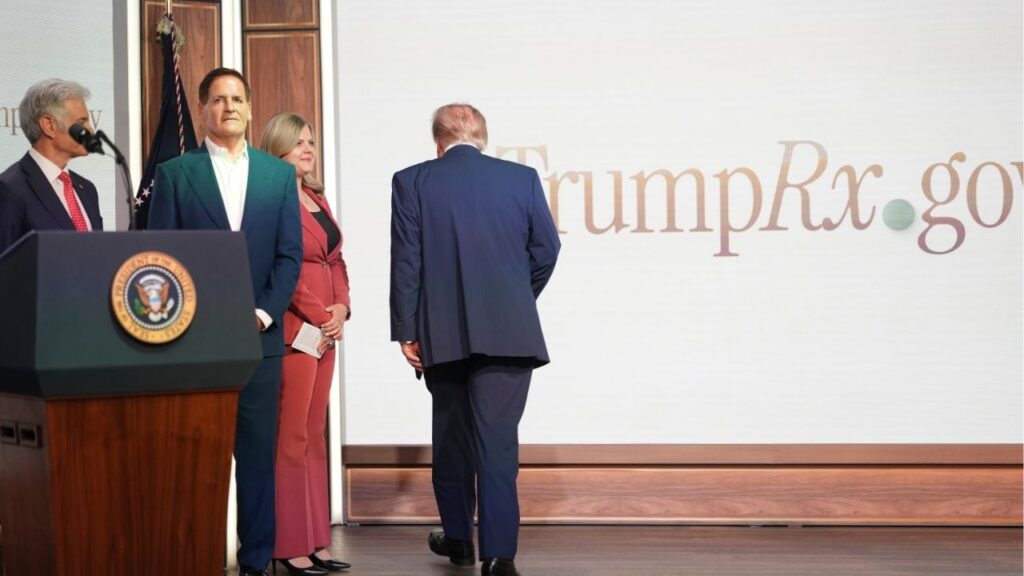 President Donald Trump departs after delivering remarks during a healthcare event the White House campus in Washington, on Monday, May 18, 2026. Trump announced that TrumpRx, a government website introduced in February, would begin offering generic medications directly to consumers. From left: Dr. Mehmet Oz, Administrator of the Centers for Medicare & Medicaid Services, Mark Cuban. (Doug Mills/The New York Times)