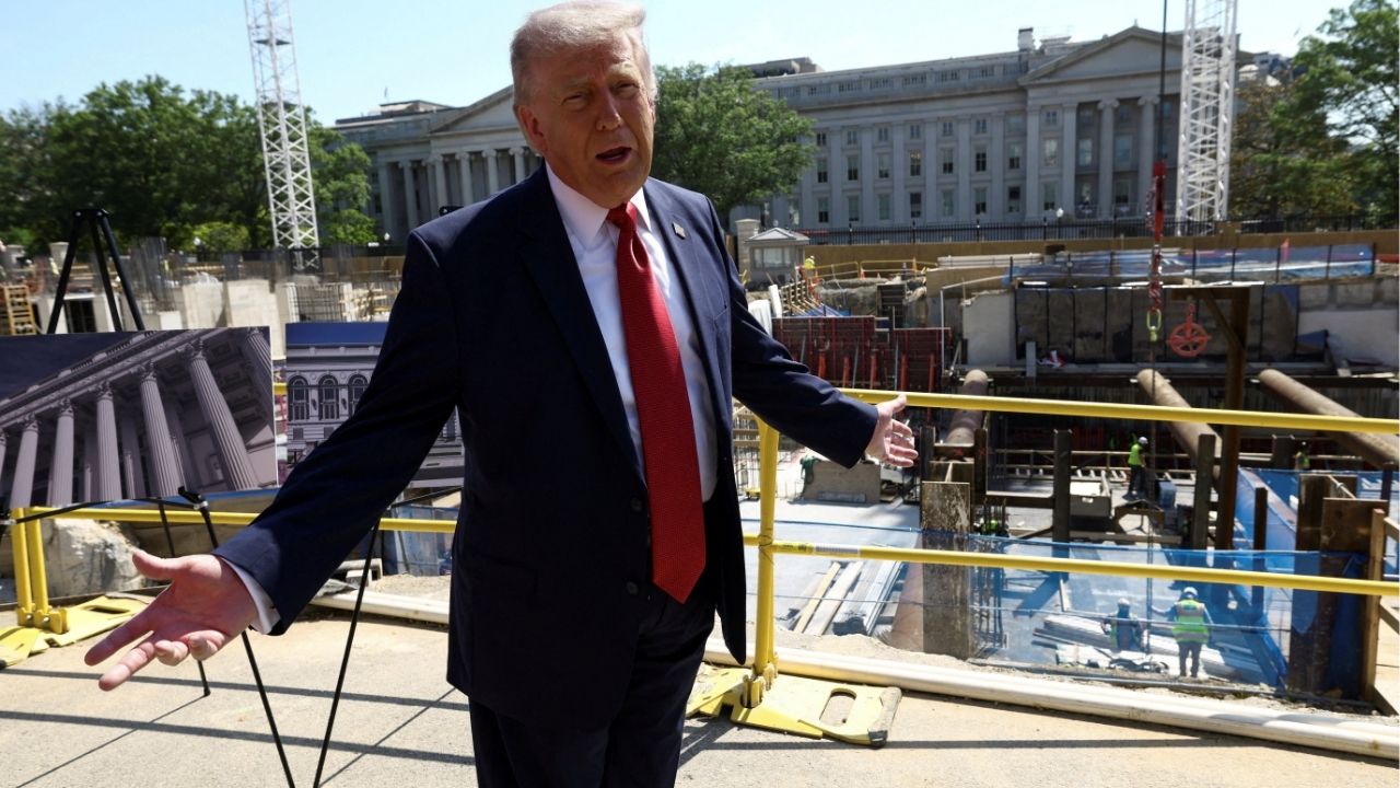 President Donald Trump gestures at the site of ongoing construction of the planned White House ballroom in Washington, D.C., U.S., May 19, 2026. (Reuters/Kevin Lamarque)