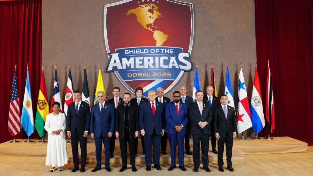 President Donald Trump hosts leaders of a dozen Latin American nations at the newly-created Shield of the Americas Summit in Miami on Saturday, March 7, 2026. Trump met with conservative and right-wing Latin American leaders in Florida in March, promising that together they would “eradicate the criminal cartels plaguing our region. (Tierney L. Cross/The New York Times)