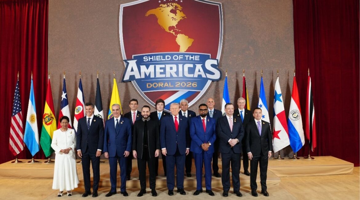 President Donald Trump hosts leaders of a dozen Latin American nations at the newly-created Shield of the Americas Summit in Miami on Saturday, March 7, 2026. Trump met with conservative and right-wing Latin American leaders in Florida in March, promising that together they would “eradicate the criminal cartels plaguing our region. (Tierney L. Cross/The New York Times)