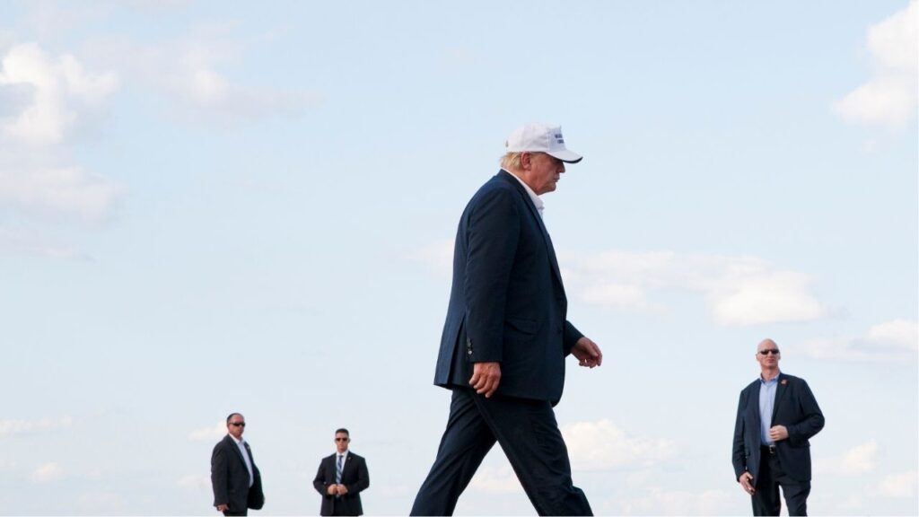 President Donald Trump, in his first term as president, boards Air Force One at Morristown Municipal Airport in Florham Park, N.J., July 29, 2018. Just 37 percent of Americans approve of his performance as president, a drop of four percentage points from the last Times/Siena poll in January 2026 and his lowest approval rating in any Times/Siena survey in either term. (Tom Brenner/The New York Times)