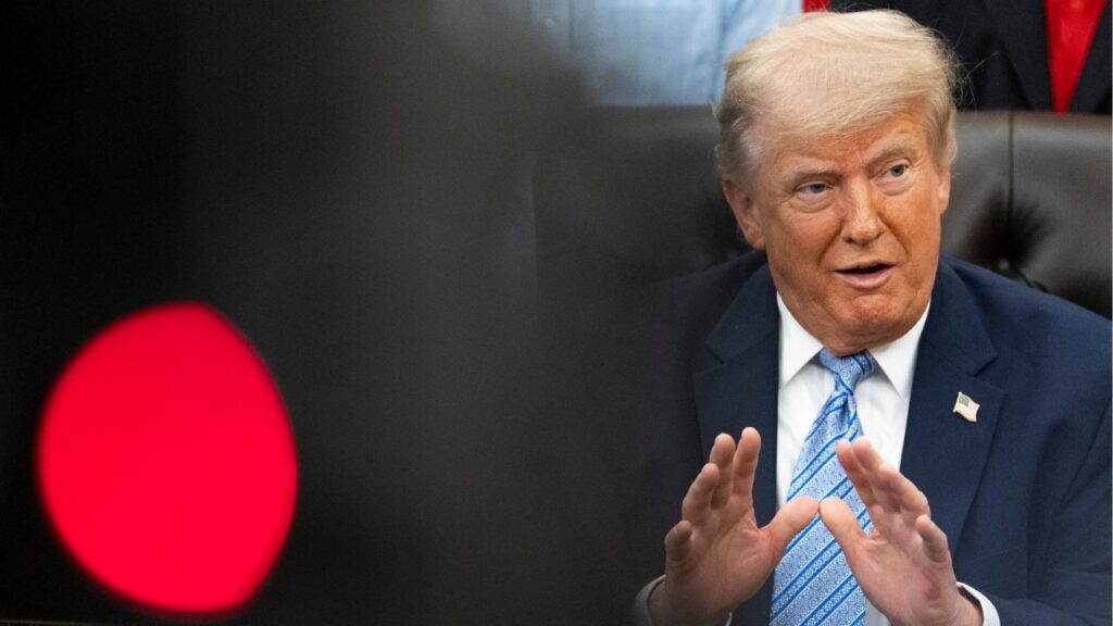 President Donald Trump speaks during an event alongside the chief executives of several grocery store chains in the Oval Office of the White House in Washington, on Thursday, May 21, 2026. President Trump announced on Thursday that the United States would deploy 5,000 troops to Poland, despite the Pentagon’s decision a week ago to cancel the deployment of thousands of U.S. troops there. (Carolyn Van Houten/The New York Times)