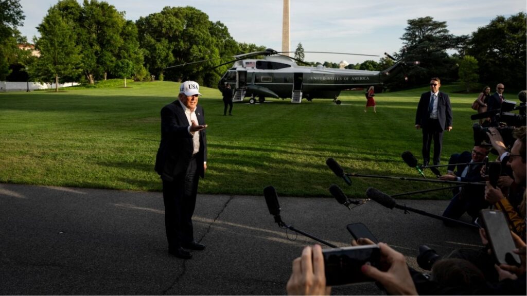 President Donald Trump speaks to reporters after arriving at the White House on Marine One in Washington, May 15, 2026. The president has sought to force Iran to accept his terms on its nuclear program or else face renewed war. An emboldened Iran has rebuffed Trump’s demands. (Haiyun Jiang/The New York Times)