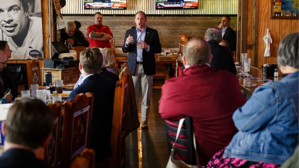 Rep. Andy Barr (R-Ky.), at a luncheon fund-raiser for the Harrison County Republican Party in Cynthiana, Ky., on March 14, 2026. President Donald Trump endorsed Barr in the Republican Senate primary race in Kentucky on Friday, May 1, 2026, moving to clear the field by inviting an Elon Musk-backed contender to join his administration. (Jon Cherry/The New York Times)