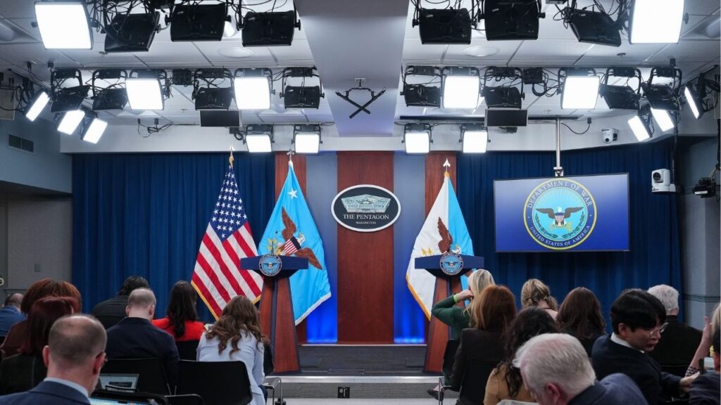 Reporters gather for a press briefing at the Pentagon in Arlington, Va., March 1, 2026. The New York Times on Monday, May 18, accused the Defense Department of violating the First Amendment by requiring journalists to have an official escort at all times when visiting the Pentagon. (Eric Lee/The New York Times)