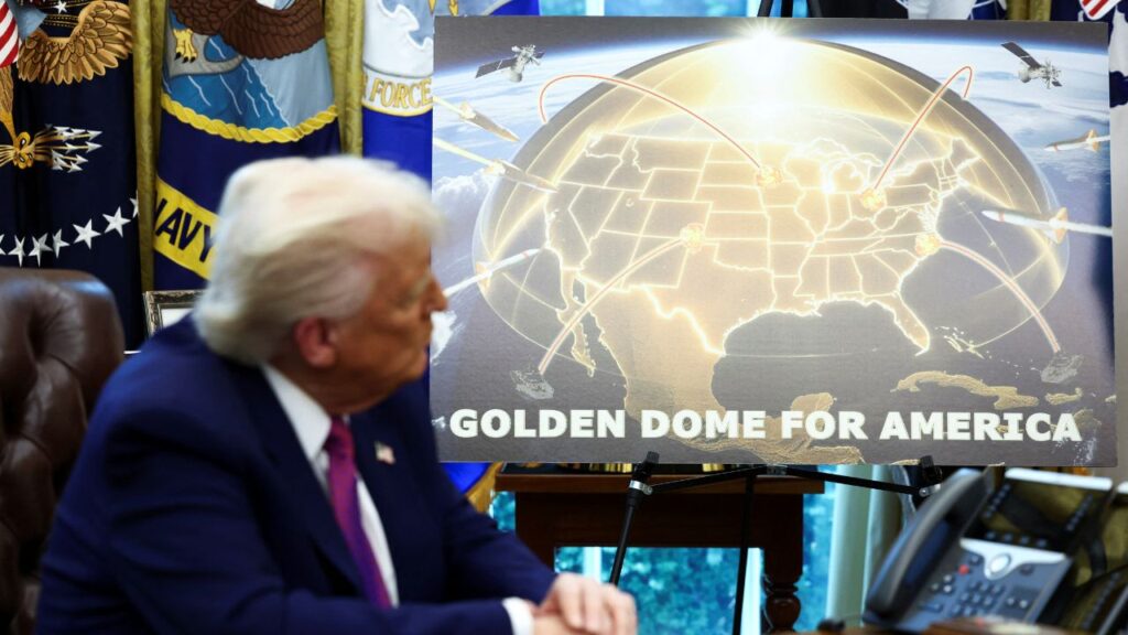 U.S. President Donald Trump looks on as he makes an announcement regarding the Golden Dome missile defense shield with U.S. Defense Secretary Pete Hegseth (not pictured) in the Oval Office of the White House in Washington, D.C., U.S., May 20, 2025. (REUTERS/Kevin Lamarque)