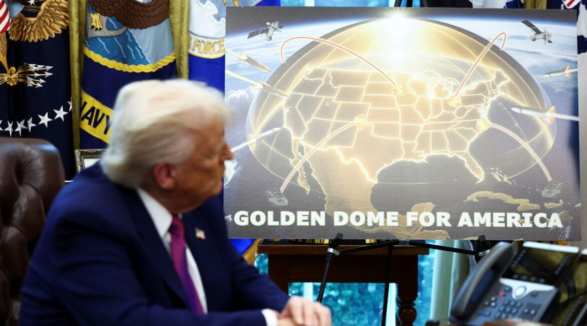 U.S. President Donald Trump looks on as he makes an announcement regarding the Golden Dome missile defense shield with U.S. Defense Secretary Pete Hegseth (not pictured) in the Oval Office of the White House in Washington, D.C., U.S., May 20, 2025. (REUTERS/Kevin Lamarque)