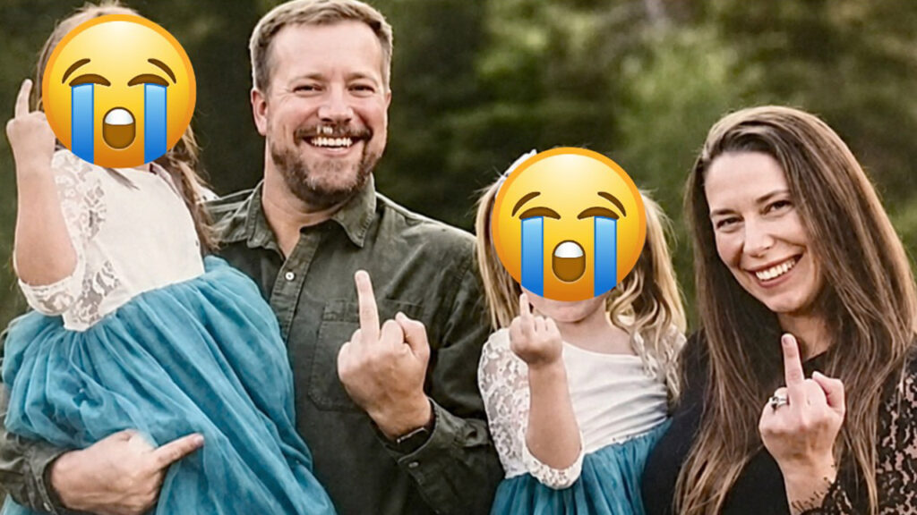 Image of judicial candidate Steven Ueltzen and family members flipping the middle finger to the camera