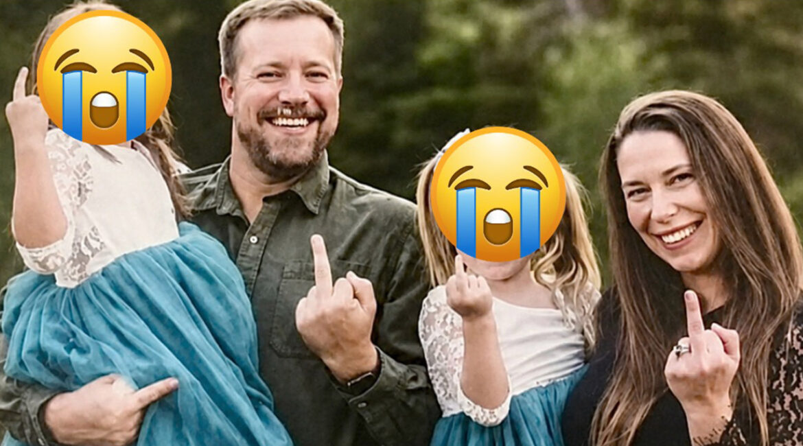 Image of judicial candidate Steven Ueltzen and family members flipping the middle finger to the camera
