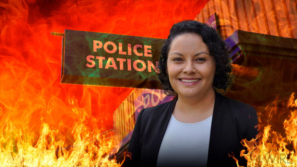 Composite image of Sandra Celedon, flames, and the words "police station."