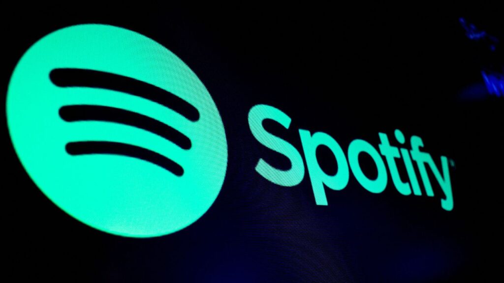 A screen displays the logo of Spotify on the floor at the New York Stock Exchange (NYSE) in New York City, U.S., December 4, 2023. (REUTERS/Brendan McDermid)