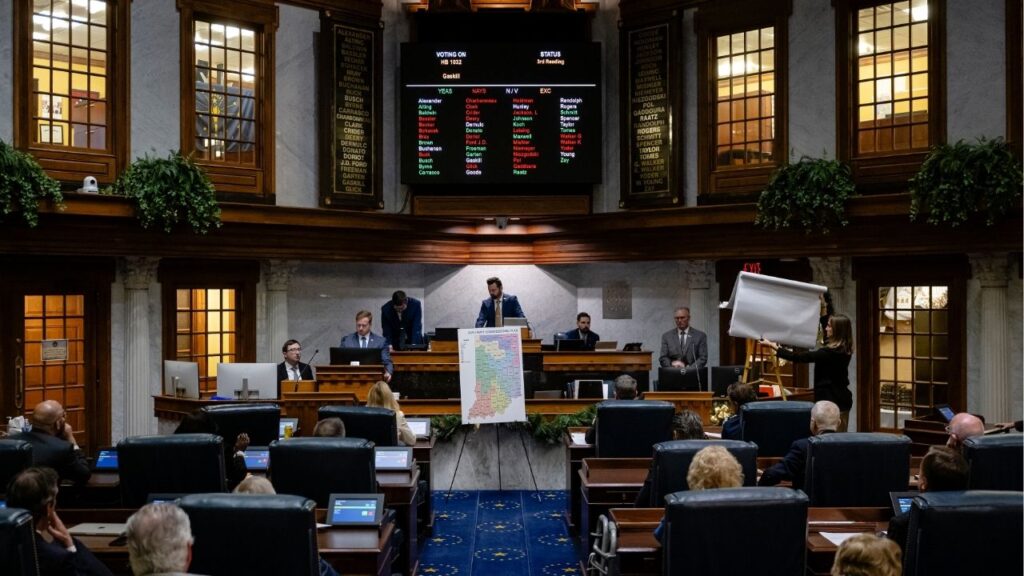 State Senators gather at the Indiana Statehouse in Indianapolis, on Wednesday, Dec. 11, 2025. President Donald Trump is seeking political payback for Republican state legislators in Indiana who rejected his push to redraw the state’s political map last year. (Jon Cherry/The New York Times)