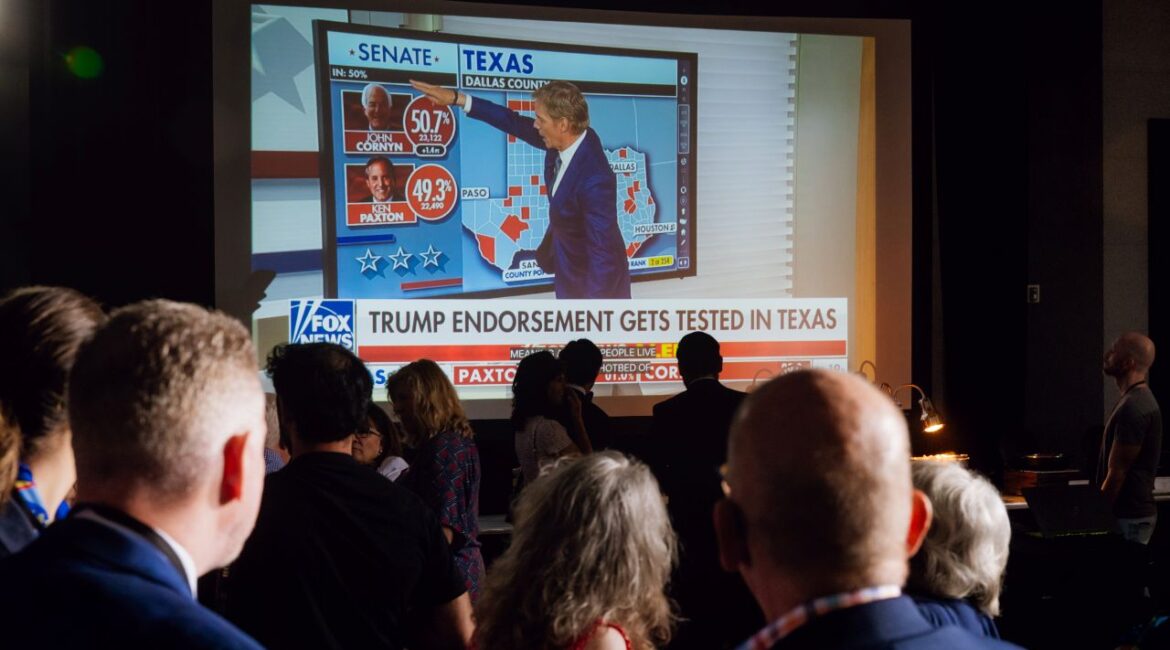 Image of people watching election returns on Fox News
