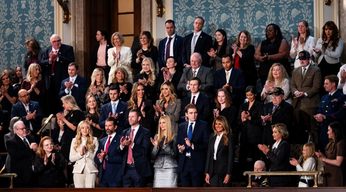 Image of Trump family members and others cheering President Trump's 2026 State of the Union address